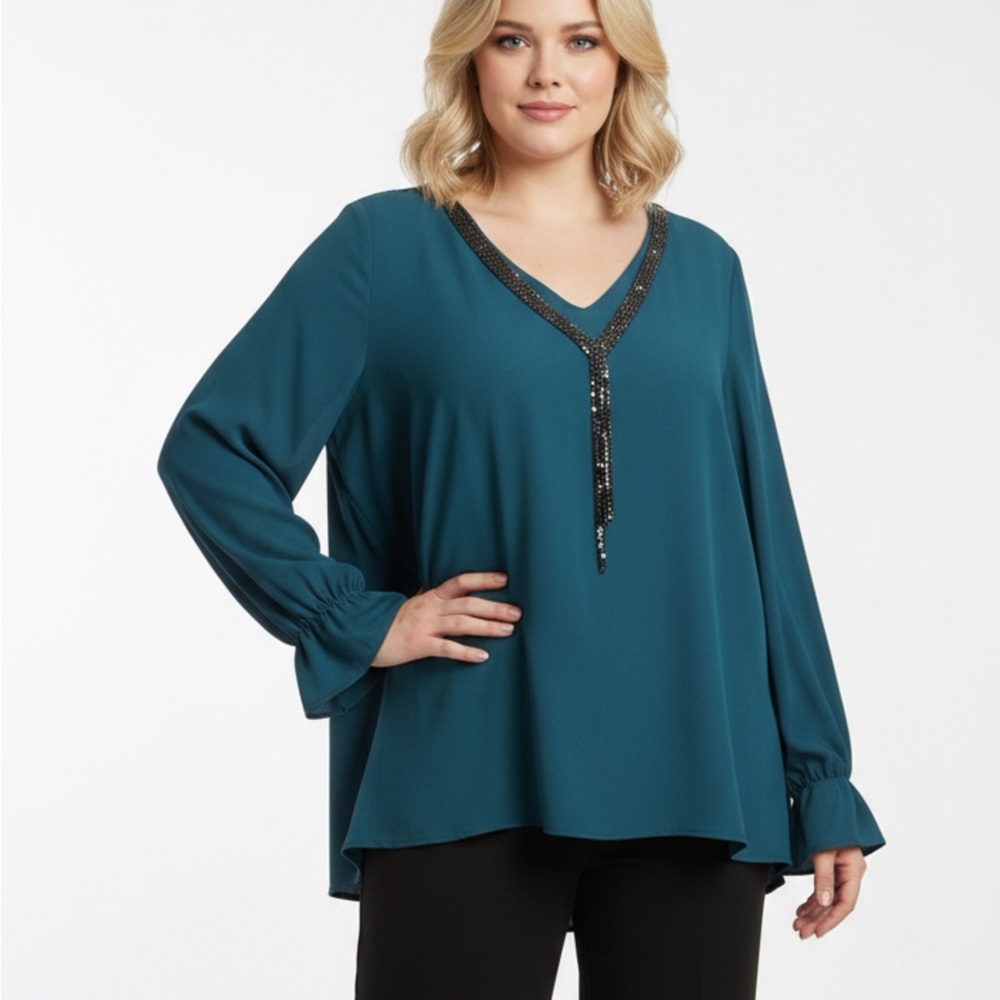 Jennifer Lopez‎ Teal Long Sleeve Blouse 2236